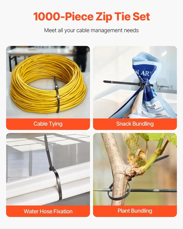 Alt view image 2 of 7 - 1000 Pack Cable Zip Ties, 8-inch Heavy Duty Cable Wire Ties with 45LBS High Tensile Strength, Multi-Purpose Self-Locking Nylon Tie Wraps, Heat & Cold Resistant for Indoor and Outdoor Use