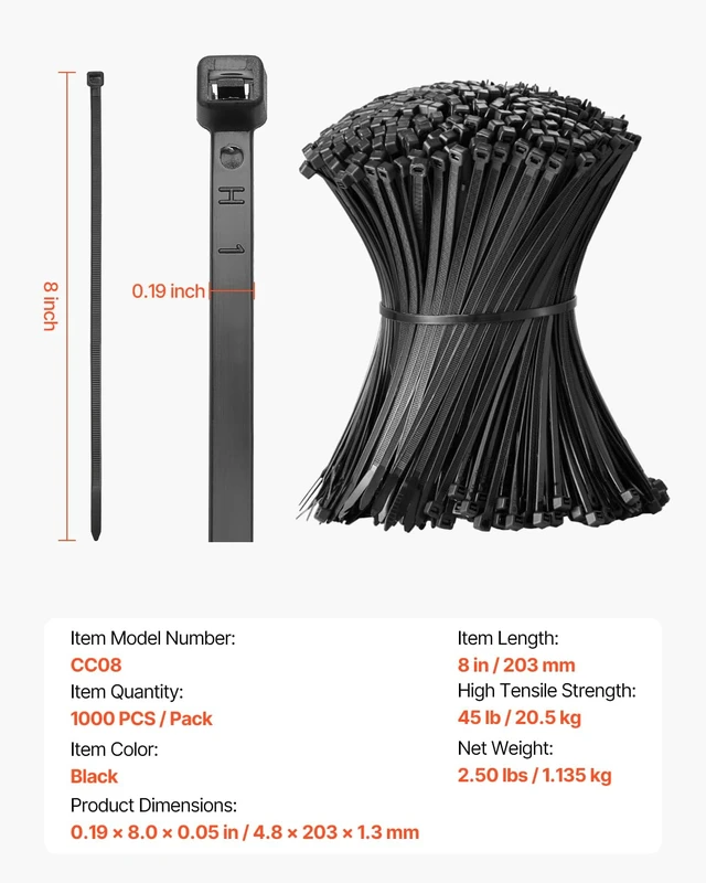 Alt view image 7 of 7 - 1000 Pack Cable Zip Ties, 8-inch Heavy Duty Cable Wire Ties with 45LBS High Tensile Strength, Multi-Purpose Self-Locking Nylon Tie Wraps, Heat & Cold Resistant for Indoor and Outdoor Use