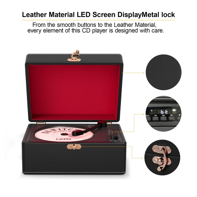Alt view image 7 of 7 - CD Player Portable Bluetooth, Black Retro CD Player for Home Music Player, Rechargeable Battery & Built-in Speakers, with Led Display, Headphone Jack, USB & AUX Playback, for Music Lovers(Black)