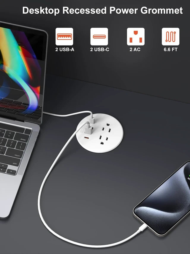 Alt view image 2 of 6 - 3 Inch Desk Power Grommet 20W USB C 2 AC Outlets Fast Charge Home&Office 3'' Desk Hole,4 USB Ports,6.6 ft extension cord,White