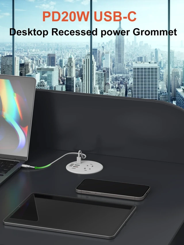 Alt view image 3 of 6 - 3 Inch Desk Power Grommet 20W USB C 2 AC Outlets Fast Charge Home&Office 3'' Desk Hole,4 USB Ports,6.6 ft extension cord,White