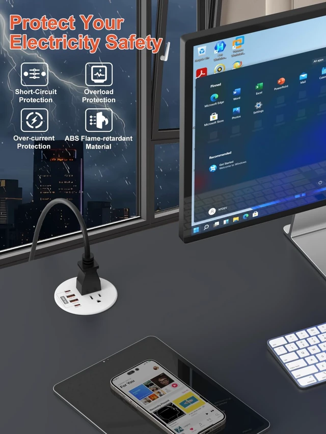Alt view image 4 of 6 - 3 Inch Desk Power Grommet 20W USB C 2 AC Outlets Fast Charge Home&Office 3'' Desk Hole,4 USB Ports,6.6 ft extension cord,White