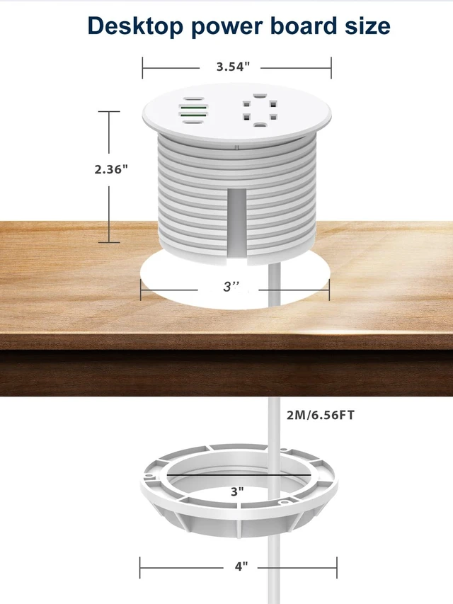 Alt view image 5 of 6 - 3 Inch Desk Power Grommet 20W USB C 2 AC Outlets Fast Charge Home&Office 3'' Desk Hole,4 USB Ports,6.6 ft extension cord,White