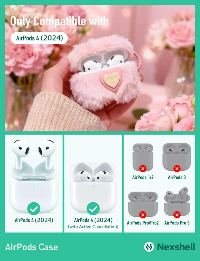 Alt view image 2 of 6 - Pink Plush Case for AirPods 4th, Fluffy Kawaii Heart Cover With Cleaning Kit, Soft Fuzzy Plush Design, Shockproof Protection for Women, Girls, Teens, Birthday Gifts