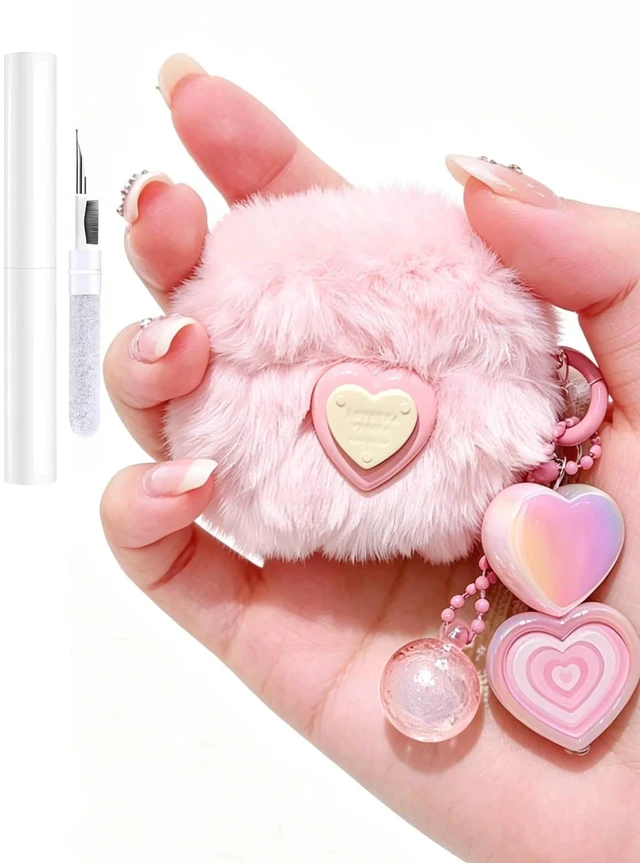 Main image of Pink Plush Case for AirPods 4th, Fluffy Kawaii Heart Cover With Cleaning Kit, Soft Fuzzy Plush Design, Shockproof Protection for Women, Girls, Teens, Birthday Gifts