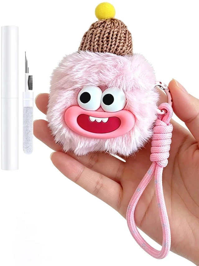 Main image of Pink Plush Case for AirPods Pro/Pro2, Fluffy Kawaii Funny Cover With Cleaning Kit & Lanyard, Soft Fuzzy Protection, Cute Cartoon Design for Women, Girls, Teens & Kids