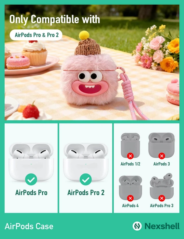 Alt view image 2 of 7 - Pink Plush Case for AirPods Pro/Pro2, Fluffy Kawaii Funny Cover With Cleaning Kit & Lanyard, Soft Fuzzy Protection, Cute Cartoon Design for Women, Girls, Teens & Kids