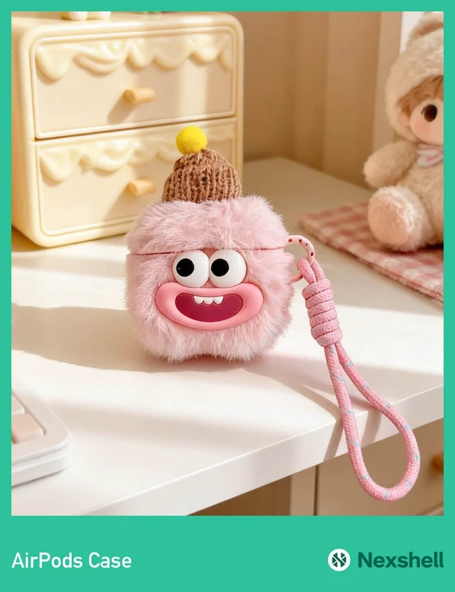Alt view image 3 of 7 - Pink Plush Case for AirPods Pro/Pro2, Fluffy Kawaii Funny Cover With Cleaning Kit & Lanyard, Soft Fuzzy Protection, Cute Cartoon Design for Women, Girls, Teens & Kids