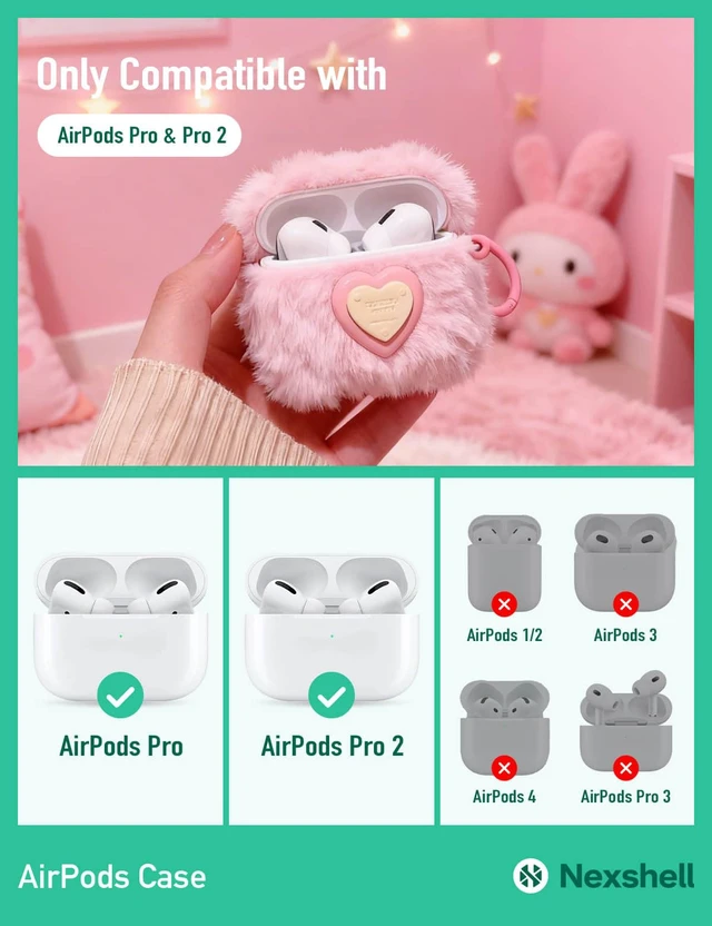 Alt view image 2 of 6 - Pink Plush Case for AirPods Pro/Pro2, Fluffy Kawaii Heart Cover With Cleaning Kit, Soft Fuzzy Plush Design, Shockproof Protection for Women, Girls, Teens, Birthday Gifts