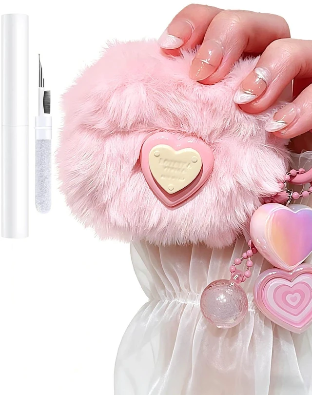 Main image of Pink Plush Case for AirPods Pro/Pro2, Fluffy Kawaii Heart Cover With Cleaning Kit, Soft Fuzzy Plush Design, Shockproof Protection for Women, Girls, Teens, Birthday Gifts