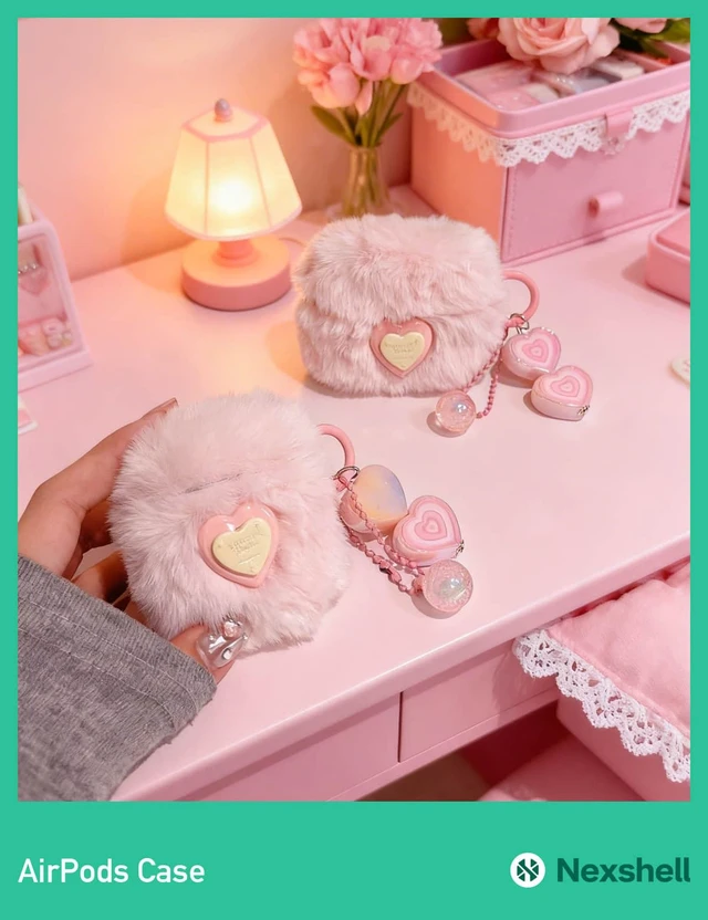 Alt view image 3 of 6 - Pink Plush Case for AirPods 4th, Fluffy Kawaii Heart Cover With Cleaning Kit, Soft Fuzzy Plush Design, Shockproof Protection for Women, Girls, Teens, Birthday Gifts