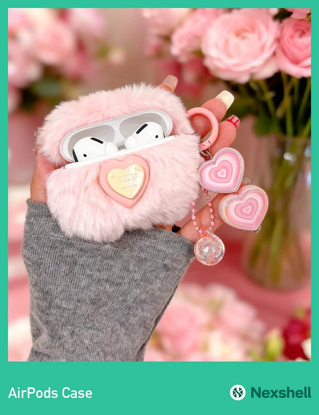 Alt view image 4 of 6 - Pink Plush Case for AirPods 4th, Fluffy Kawaii Heart Cover With Cleaning Kit, Soft Fuzzy Plush Design, Shockproof Protection for Women, Girls, Teens, Birthday Gifts