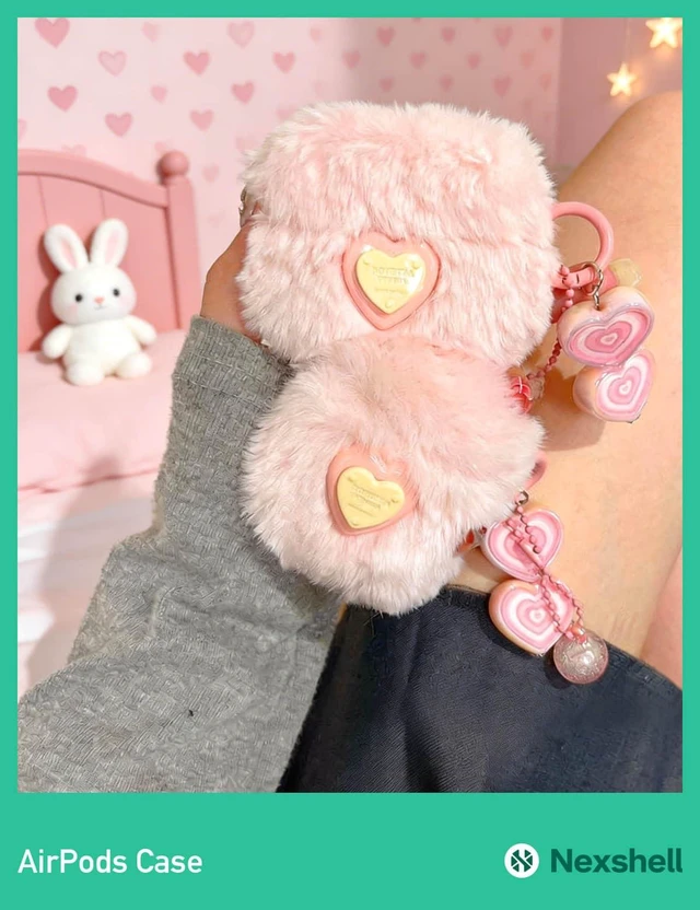 Alt view image 6 of 6 - Pink Plush Case for AirPods 4th, Fluffy Kawaii Heart Cover With Cleaning Kit, Soft Fuzzy Plush Design, Shockproof Protection for Women, Girls, Teens, Birthday Gifts
