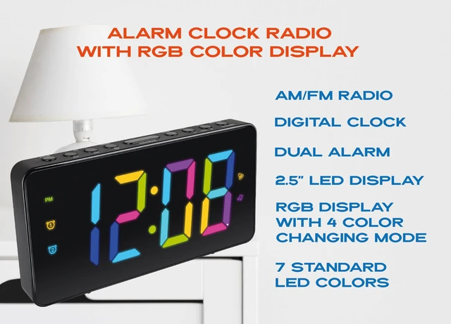Alt view image 2 of 7 - HX-160CR Alarm Clock Radio, 2.5 RGB Color Display (Black) FM Radio, Digital Clock, Dual Alarm, 2.5 RGB Color LED Display, Dimmer