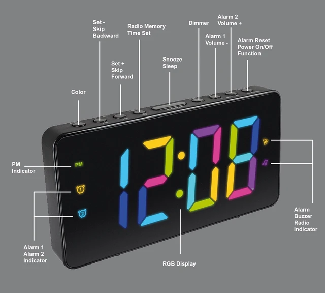 Alt view image 3 of 7 - HX-160CR Alarm Clock Radio, 2.5 RGB Color Display (Black) FM Radio, Digital Clock, Dual Alarm, 2.5 RGB Color LED Display, Dimmer