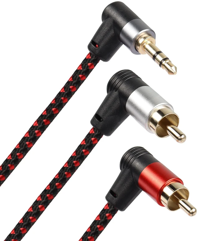 Main image of 90 Degree Right Angle 3.5mm to 2 RCA Cable 6FT 2RCA Male to 3.5mm TRS Male Stereo Y Splitter Adapter for Smartphone, Speaker, MP3, Tablet & More