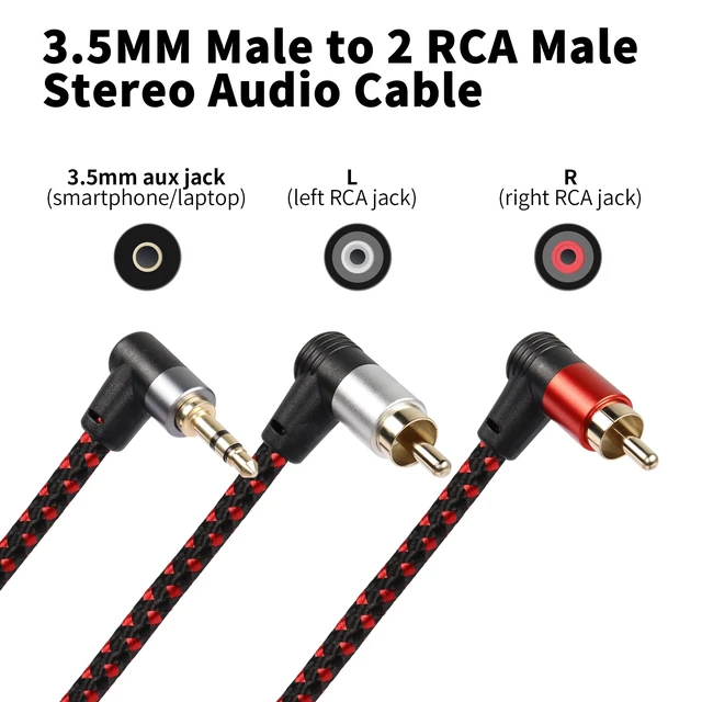 Alt view image 4 of 7 - 90 Degree Right Angle 3.5mm to 2 RCA Cable 6FT 2RCA Male to 3.5mm TRS Male Stereo Y Splitter Adapter for Smartphone, Speaker, MP3, Tablet & More