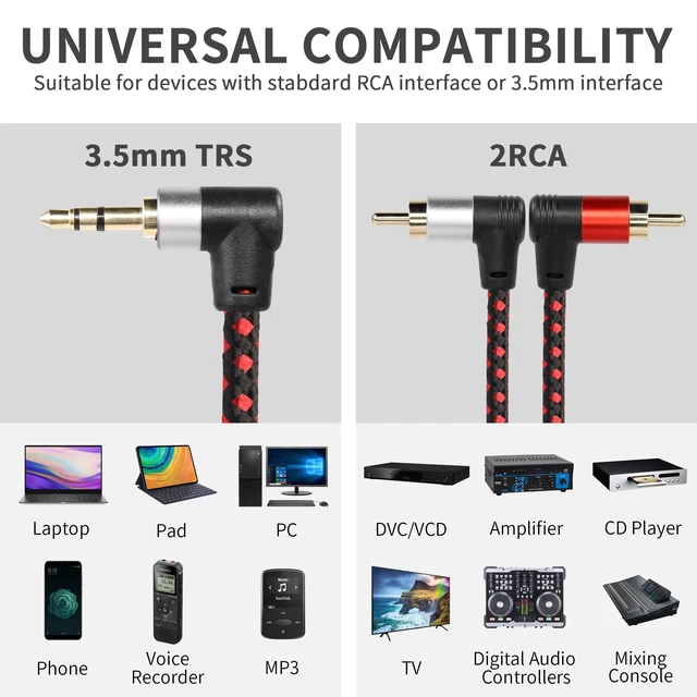 Alt view image 7 of 7 - 90 Degree Right Angle 3.5mm to 2 RCA Cable 6FT 2RCA Male to 3.5mm TRS Male Stereo Y Splitter Adapter for Smartphone, Speaker, MP3, Tablet & More