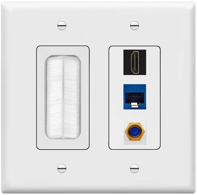 Main image of Double Gang Datacomm Bundle with Multimedia Pass-Through Insert, 3-Port Keystone Jack Insert, Coaxial, Ethernet, HDMI Keystones, and 2-Gang Decorator Wall Plate, TG889173MCFH-W, White