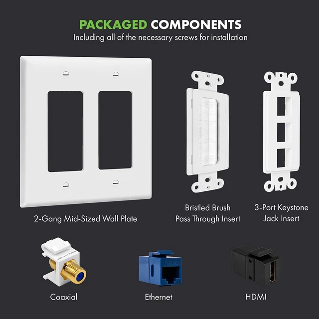 Alt view image 2 of 7 - Double Gang Datacomm Bundle with Multimedia Pass-Through Insert, 3-Port Keystone Jack Insert, Coaxial, Ethernet, HDMI Keystones, and 2-Gang Decorator Wall Plate, TG889173MCFH-W, White