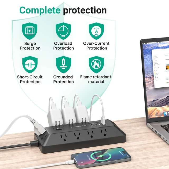 Alt view image 3 of 7 - T-Shaped Anti-Clash Surge Protector Power Strip, 12 AC + 4 USB Ports (2 USB-C PD 20W), Flat Plug 6FT Extension Cord, 1800J, Built-in Device Stand for Home Office Gaming Dorm