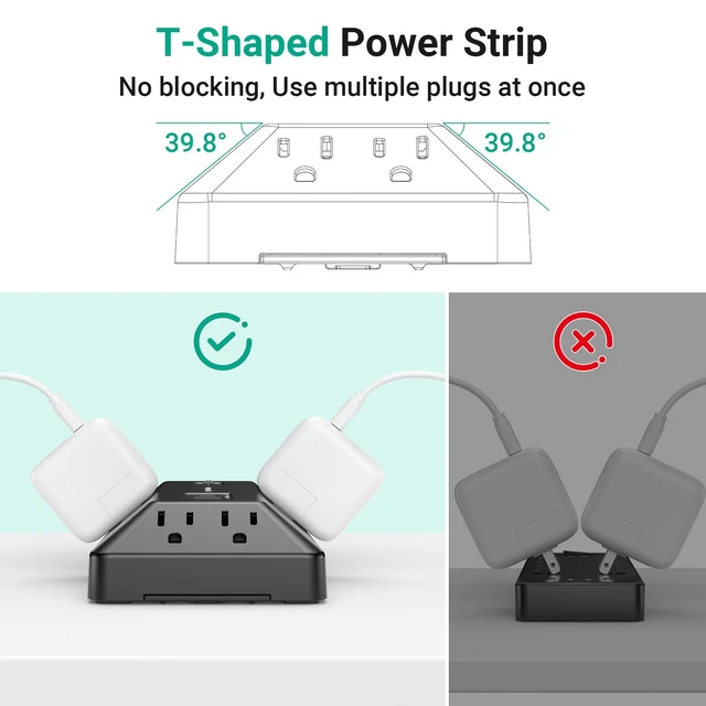 Alt view image 4 of 7 - T-Shaped Anti-Clash Surge Protector Power Strip, 12 AC + 4 USB Ports (2 USB-C PD 20W), Flat Plug 6FT Extension Cord, 1800J, Built-in Device Stand for Home Office Gaming Dorm