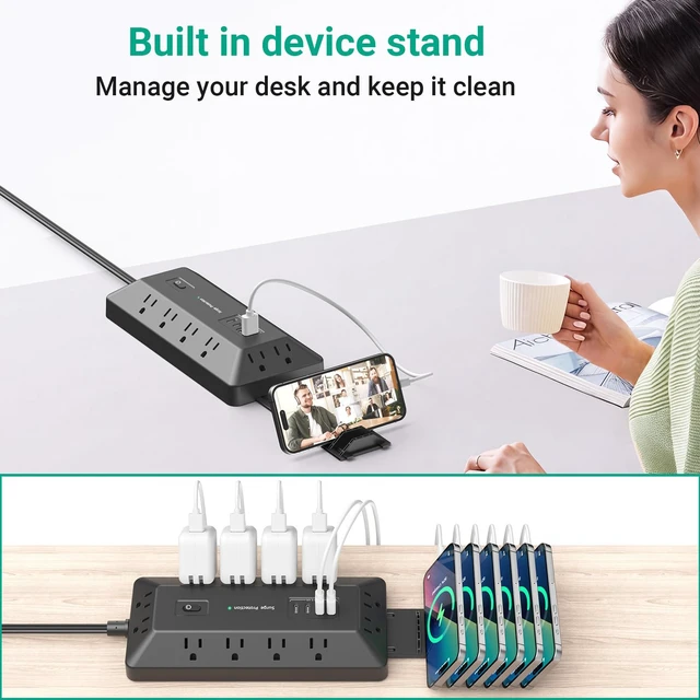 Alt view image 6 of 7 - T-Shaped Anti-Clash Surge Protector Power Strip, 12 AC + 4 USB Ports (2 USB-C PD 20W), Flat Plug 6FT Extension Cord, 1800J, Built-in Device Stand for Home Office Gaming Dorm