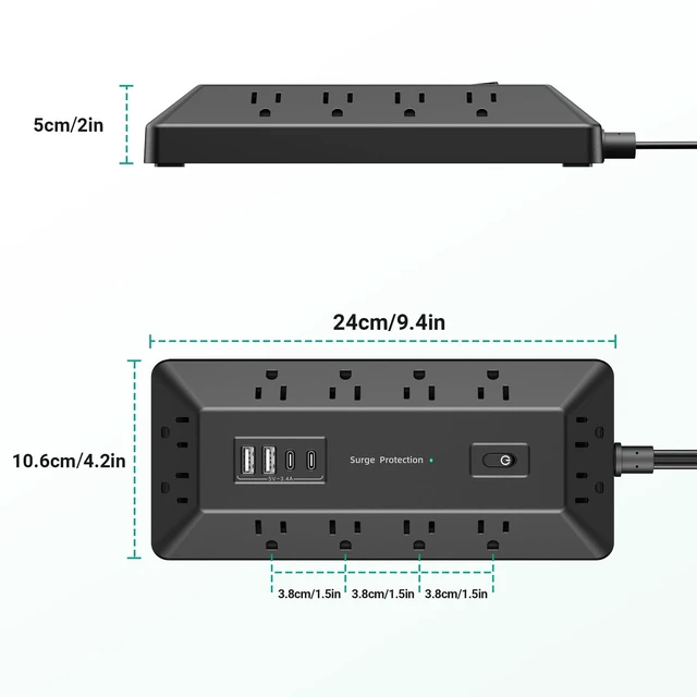 Alt view image 7 of 7 - T-Shaped Anti-Clash Surge Protector Power Strip, 12 AC + 4 USB Ports (2 USB-C PD 20W), Flat Plug 6FT Extension Cord, 1800J, Built-in Device Stand for Home Office Gaming Dorm