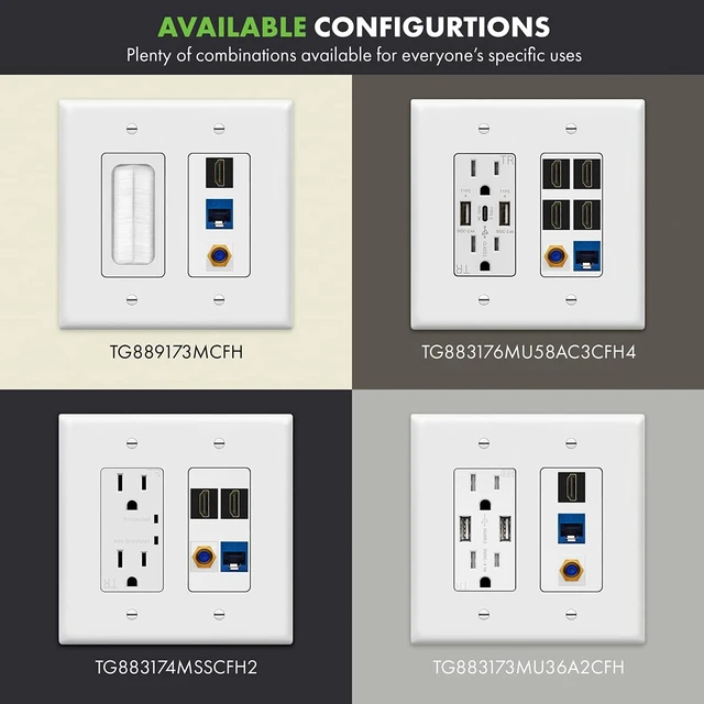 Alt view image 4 of 7 - Double Gang Datacomm Bundle with Multimedia Pass-Through Insert, 3-Port Keystone Jack Insert, Coaxial, Ethernet, HDMI Keystones, and 2-Gang Decorator Wall Plate, TG889173MCFH-W, White