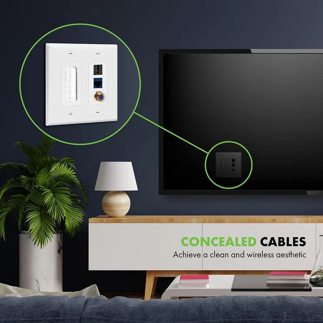 Alt view image 5 of 7 - Double Gang Datacomm Bundle with Multimedia Pass-Through Insert, 3-Port Keystone Jack Insert, Coaxial, Ethernet, HDMI Keystones, and 2-Gang Decorator Wall Plate, TG889173MCFH-W, White