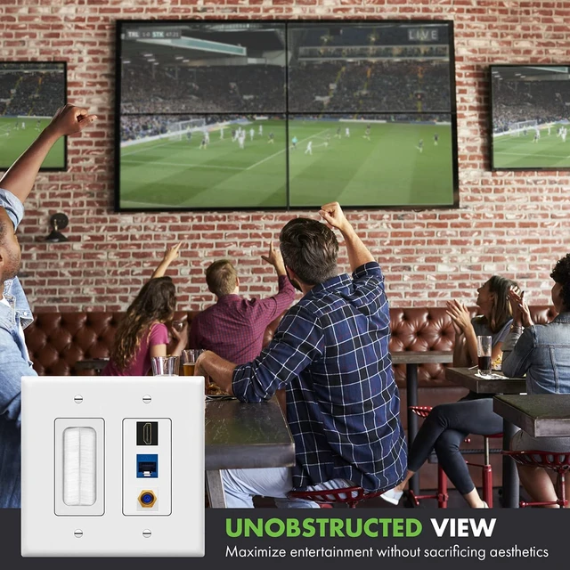 Alt view image 7 of 7 - Double Gang Datacomm Bundle with Multimedia Pass-Through Insert, 3-Port Keystone Jack Insert, Coaxial, Ethernet, HDMI Keystones, and 2-Gang Decorator Wall Plate, TG889173MCFH-W, White