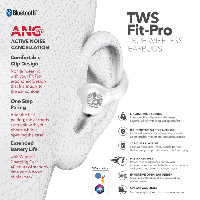 Alt view image 5 of 5 - Wave-66 Wireless Earbuds, Bluetooth 5.3 Headphones, 30H Playtime with Charging Case, Hi-Res Stereo Audio, Deep Bass, IPX7 Waterproof, Transparency Mode, Lightweight Ear Buds with Mic White