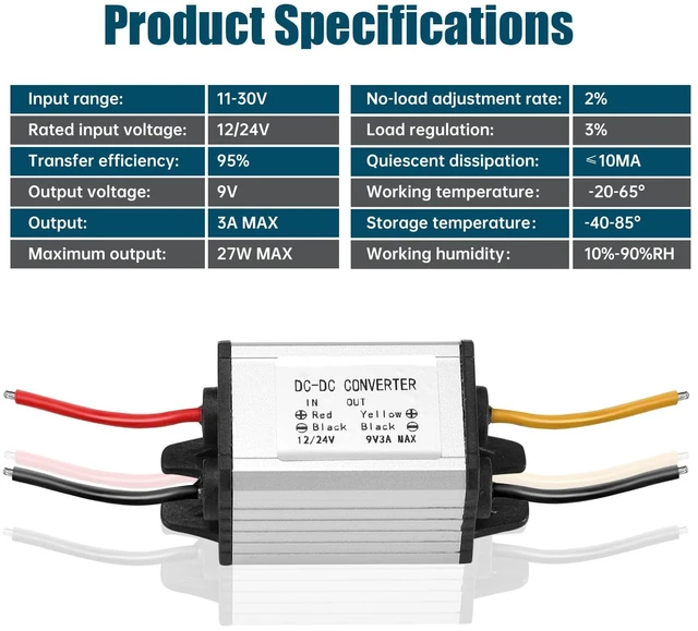 Alt view image 6 of 7 - DC-DC Buck Converter 12/24V to 9V 3A 27W Step-Down Voltage Regulator Module Input 11-30V, Adapter, Power Supply & Transformer for Car Audio, LED Displays, DIY Robotics and Sensors