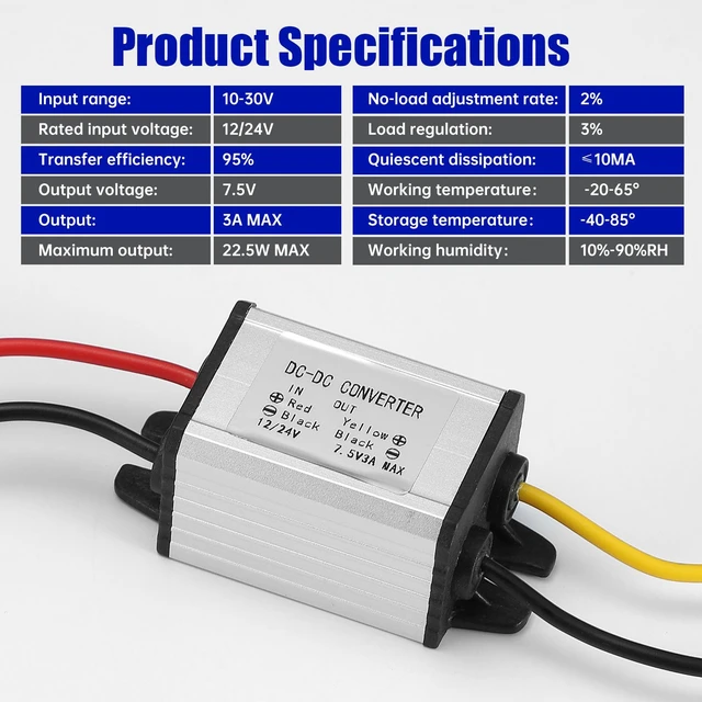 Alt view image 6 of 7 - DC-DC Buck Converter 12/24V to 7.5V 3A 22.5W Step-Down Voltage Regulator Input 10-30V, Adapter, Power Supply & Module for Cars, Trucks, Robotics and Light Strips