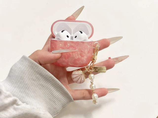 Main image of Headphones Case for Airpods 4 - Glitter Leopard Shell Pattern Design Soft TPU Protective Cover with Luxury Pink Shell Pearl Keychain, Cute Case Compatible with Apple Airpods 4 2024, Leopard Pink