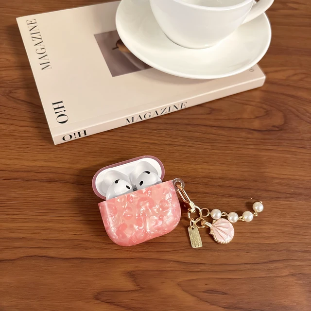 Alt view image 3 of 7 - Headphones Case for Airpods 4 - Glitter Leopard Shell Pattern Design Soft TPU Protective Cover with Luxury Pink Shell Pearl Keychain, Cute Case Compatible with Apple Airpods 4 2024, Leopard Pink
