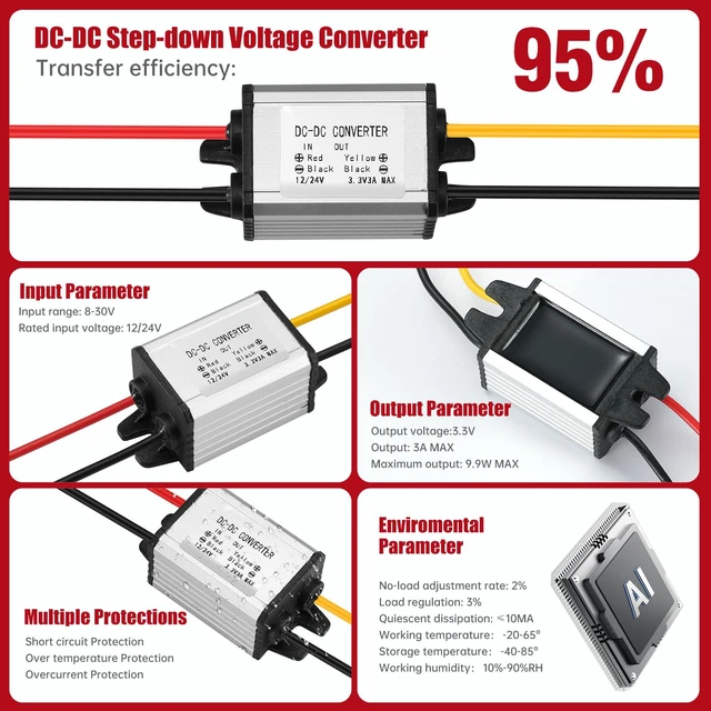 Alt view image 6 of 7 - DC-DC Buck Converter 12/24V to 3.3V 3A 9.9W Step-Down Voltage Regulator Input 8-30V, Adapter, Power Supply & Transformer for Robotics, Motor, Automotive and LED
