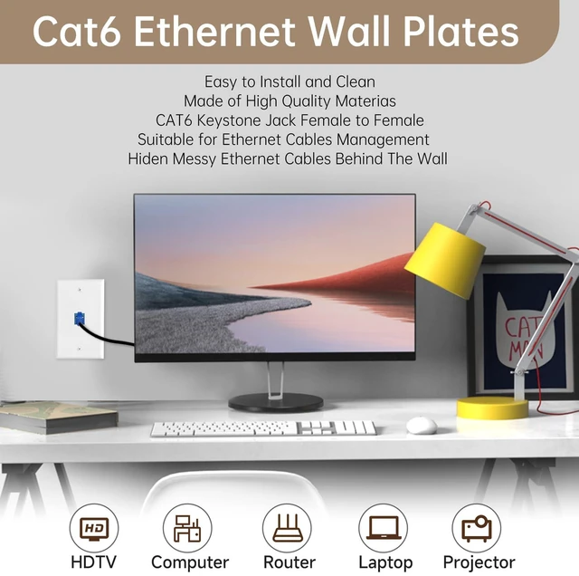 Alt view image 3 of 6 - 3 Pack Ethernet Wall Plate, 1-Port RJ45 Cat6 Keystone Jack Female to Female White Ethernet Wall Outlet with Low Voltage Mounting Bracket, Pass Through Hide Network Cables Behind The Wall