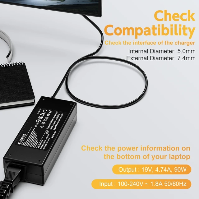 Alt view image 2 of 7 - 90W Power Cord Compatible with HP All-in-One Desktop PC 18'' 19'' 20" 21" 22" 23" 24"; 20-C434, 20-B013W, 20-C023W, 21-2024, 22-DF0013W, 22-DD0224, 23-B012, 24-G014, 24-DF0040 Power Supply Cord