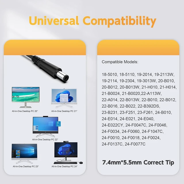 Alt view image 4 of 7 - 90W Power Cord Compatible with HP All-in-One Desktop PC 18'' 19'' 20" 21" 22" 23" 24"; 20-C434, 20-B013W, 20-C023W, 21-2024, 22-DF0013W, 22-DD0224, 23-B012, 24-G014, 24-DF0040 Power Supply Cord