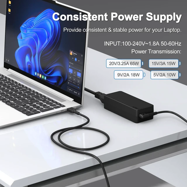 Alt view image 6 of 7 - 65W USB C Laptop Charger Compatible with Lenovo ThinkPad X1 Carbon Gen 6 7 8 9 X13 T14 T15 E14 E15 Yoga 7i 9i Thinkbook 13s 14 15 16 Plus G4/Chromebook C330 S330 Type C AC Adapter Power Cord