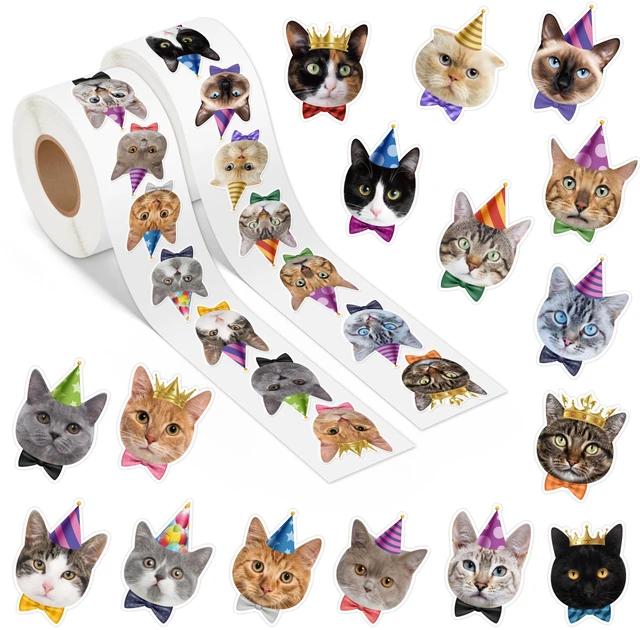 Main image of Cute Cat Roll Stickers - 1000Pcs Happy Birthday Decals for Kids 16 Designs Cute Kitten, Funny Meme Vinyl Stickers, Waterproof, Birthday Party Favors, Crafts Laptop Guitar Luggage Home Decor