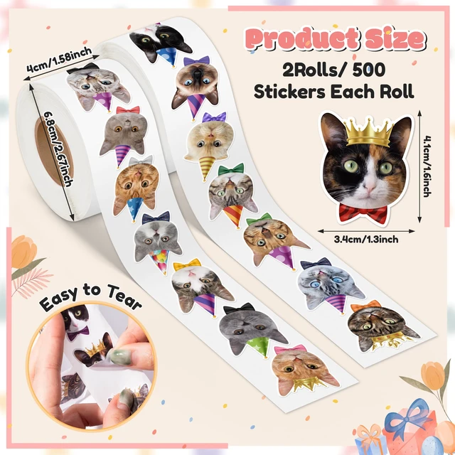 Alt view image 2 of 6 - Cute Cat Roll Stickers - 1000Pcs Happy Birthday Decals for Kids 16 Designs Cute Kitten, Funny Meme Vinyl Stickers, Waterproof, Birthday Party Favors, Crafts Laptop Guitar Luggage Home Decor