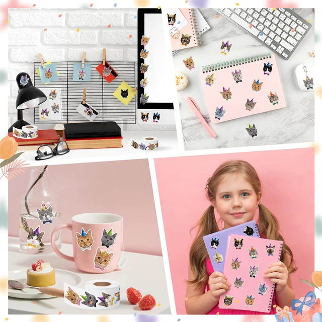 Alt view image 6 of 6 - Cute Cat Roll Stickers - 1000Pcs Happy Birthday Decals for Kids 16 Designs Cute Kitten, Funny Meme Vinyl Stickers, Waterproof, Birthday Party Favors, Crafts Laptop Guitar Luggage Home Decor