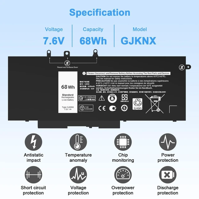 Alt view image 2 of 7 - 68WH GJKNX Battery Replacement for Dell Latitude 5480 5580 5280 5288 5488 5590 5591 5490 5491 5495 E5480 E5490 E5580 E5590 Compatible with Precision 15 3520 3530 GD1JP DY9NT 5YHR4 451-BBZG