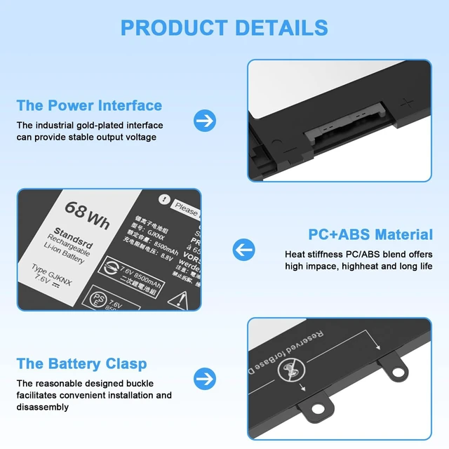 Alt view image 3 of 7 - 68WH GJKNX Battery Replacement for Dell Latitude 5480 5580 5280 5288 5488 5590 5591 5490 5491 5495 E5480 E5490 E5580 E5590 Compatible with Precision 15 3520 3530 GD1JP DY9NT 5YHR4 451-BBZG