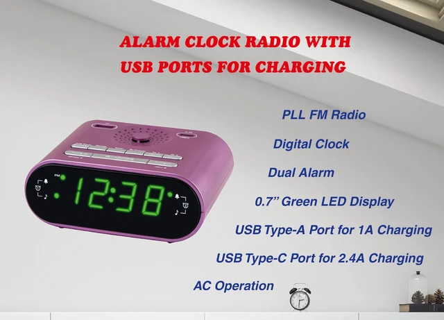 Alt view image 2 of 6 - HX-158CR Alarm Clock Radio, FM Radio, USB Charge (Purple) Digital Clock, Dual Alarm, 0.7 Green LED Display, USB-C for 2.4A Charge, USB-A for 1A Charge