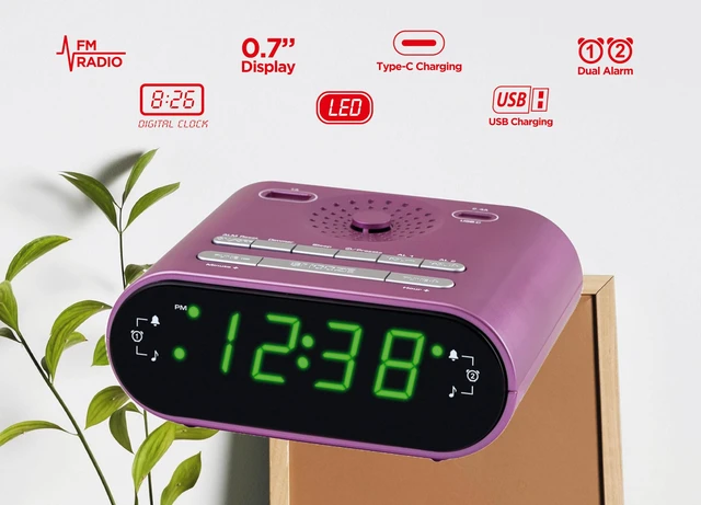 Alt view image 3 of 6 - HX-158CR Alarm Clock Radio, FM Radio, USB Charge (Purple) Digital Clock, Dual Alarm, 0.7 Green LED Display, USB-C for 2.4A Charge, USB-A for 1A Charge