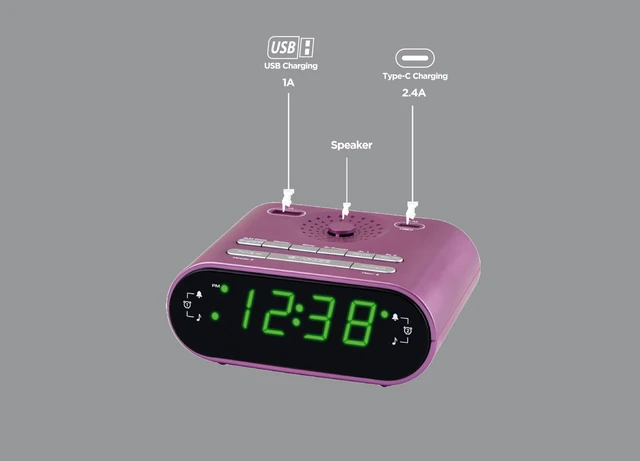 Alt view image 4 of 6 - HX-158CR Alarm Clock Radio, FM Radio, USB Charge (Purple) Digital Clock, Dual Alarm, 0.7 Green LED Display, USB-C for 2.4A Charge, USB-A for 1A Charge