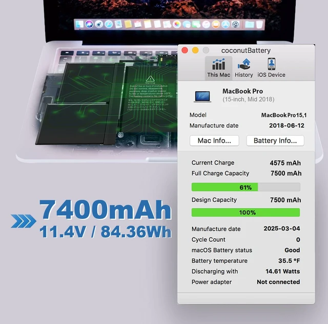Alt view image 2 of 7 - A1953 Battery for MacBook Pro 15 Inch A1990 (Mid 2018 2019) EMC 3215 3359 7400mAh A1953 Replacement Battery with Smart Temp Control, High Capacity, Long Runtime, Low Heat
